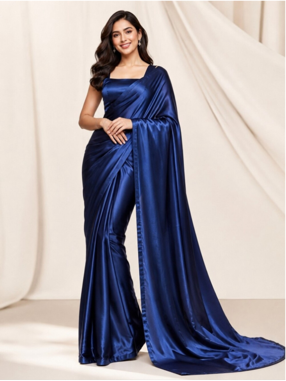 1 Minute Pre-Pleated Pure Satin Saree | Navy Blue - Pit to Pit 20 inches